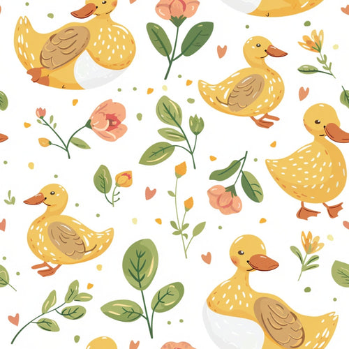 yellow ducks, duckling pattern, floral elements, pink flowers, green leaves, white background, farm animals, baby animals, cute illustration, whimsical design,, fabric panel, spring theme, nursery decor, soft pastels, orange beaks, scattered design, botanical motifs, children's fabric, kawaii style