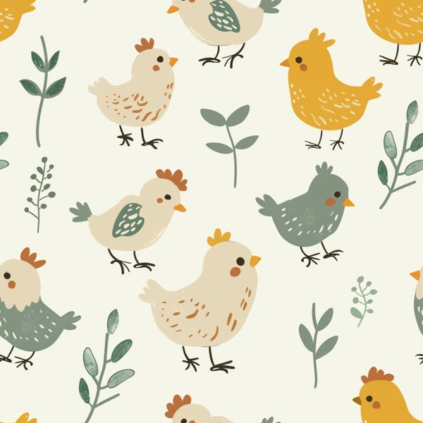 cute chickens, baby chicks, farm animals, yellow chickens, sage green, cream background, botanical elements, leaf sprigs, adorable birds,, fabric panel, whimsical illustration, nursery theme, farm theme, soft pastels, orange accents, brown details, scattered pattern, hand-drawn style, charming design