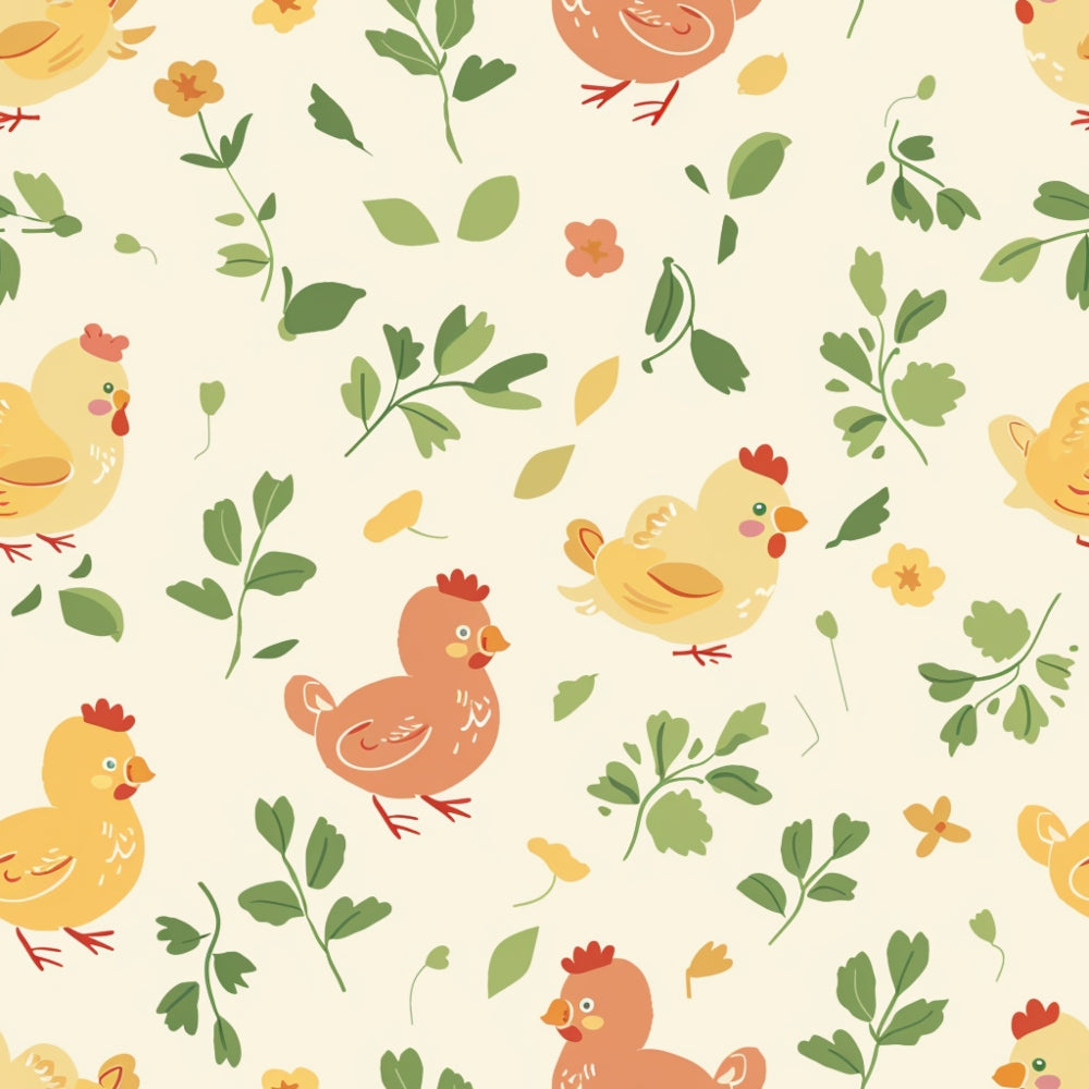 cute chickens, farm animals, baby chicks, yellow chickens, orange chickens, green leaves, botanical elements, small flowers, cream background, pastel colors, whimsical pattern, nursery theme,, fabric panel, seamless repeat, farm theme, spring motif, adorable animals, soft illustration style, children's fabric