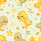 yellow, orange, cream, beige, baby chicks, ducklings, farm animals, floral elements, leaves, scattered pattern, cute animals, spring theme, nursery fabric,, fabric panel, adorable, whimsical, baby animals, soft pastels, repeating design