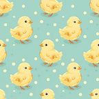 yellow chicks, baby chickens, mint green background, polka dots, farm animals, adorable ducklings, fluffy feathers, orange beaks, brown eyes, seamless pattern,, fabric panel, nursery theme, spring motif, cute babies, soft pastels, repeating design, children's fabric, animal print, barnyard theme