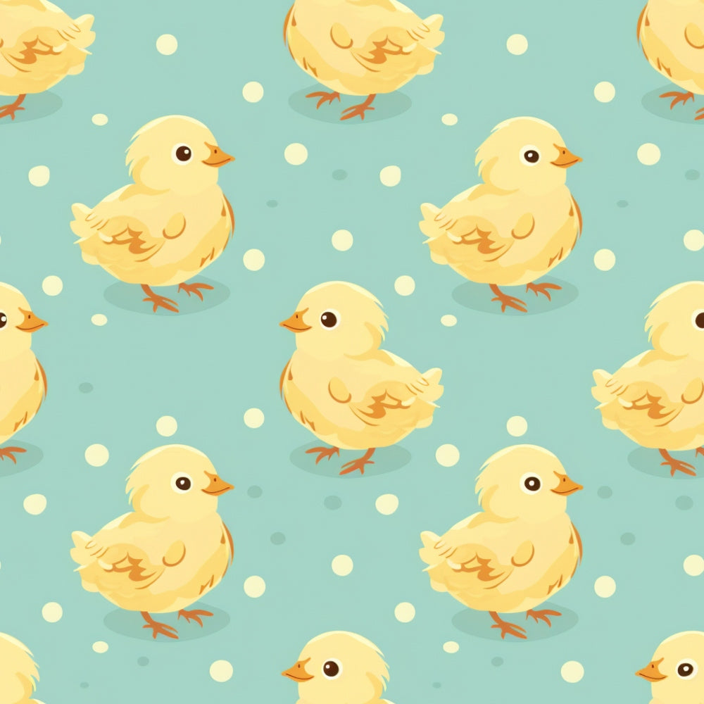yellow chicks, baby chickens, mint green background, polka dots, farm animals, adorable ducklings, fluffy feathers, orange beaks, brown eyes, seamless pattern,, fabric panel, nursery theme, spring motif, cute babies, soft pastels, repeating design, children's fabric, animal print, barnyard theme