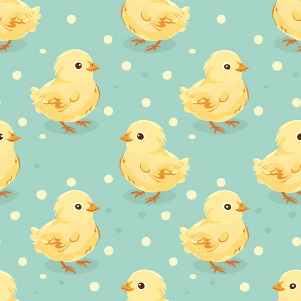 yellow chicks, baby chickens, mint green background, polka dots, farm animals, adorable ducklings, fluffy feathers, orange beaks, brown eyes, seamless pattern,, fabric panel, nursery theme, spring motif, cute babies, soft pastels, repeating design, children's fabric, animal print, barnyard theme