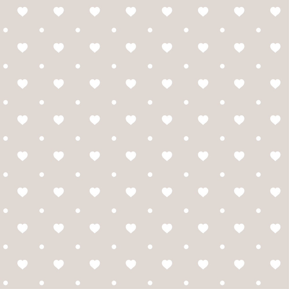 beige, taupe, white hearts, small dots, polka dots, geometric pattern, repeating motif, pastel colors, neutral tones,, fabric panel, cute design, minimalist style, romantic pattern, soft aesthetic, heart shapes, coordinating prints, crafting material, sewing fabric