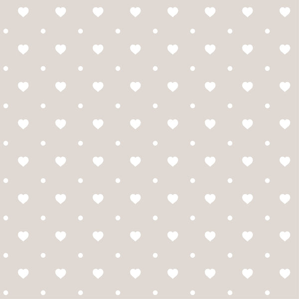 beige, taupe, white hearts, small dots, polka dots, geometric pattern, repeating motif, pastel colors, neutral tones,, fabric panel, cute design, minimalist style, romantic pattern, soft aesthetic, heart shapes, coordinating prints, crafting material, sewing fabric