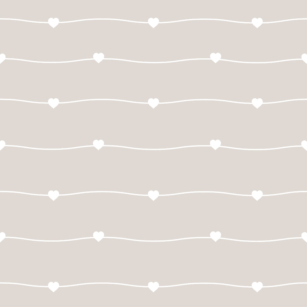 beige, taupe, cream, white hearts, wavy lines, geometric pattern, minimalist design, soft pastel, neutral tones,, fabric panel, delicate motif, romantic theme, subtle texture, crafting material, sewing fabric, gentle curves, heart shapes, muted palette
