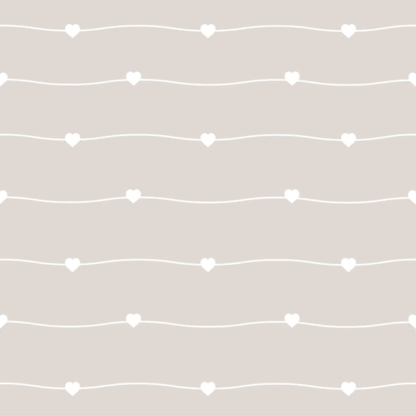 beige, taupe, cream, white hearts, wavy lines, geometric pattern, minimalist design, soft pastel, neutral tones,, fabric panel, delicate motif, romantic theme, subtle texture, crafting material, sewing fabric, gentle curves, heart shapes, muted palette