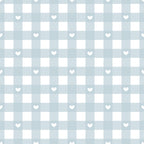 pastel blue, soft gray, white hearts, gingham check, checkerboard pattern, romantic motifs, sweet design,, fabric panel, nursery theme, baby decor, shabby chic, cottage style, gentle pattern, repeating hearts, grid layout, soft pastels, craft fabric, sewing material, delicate hearts