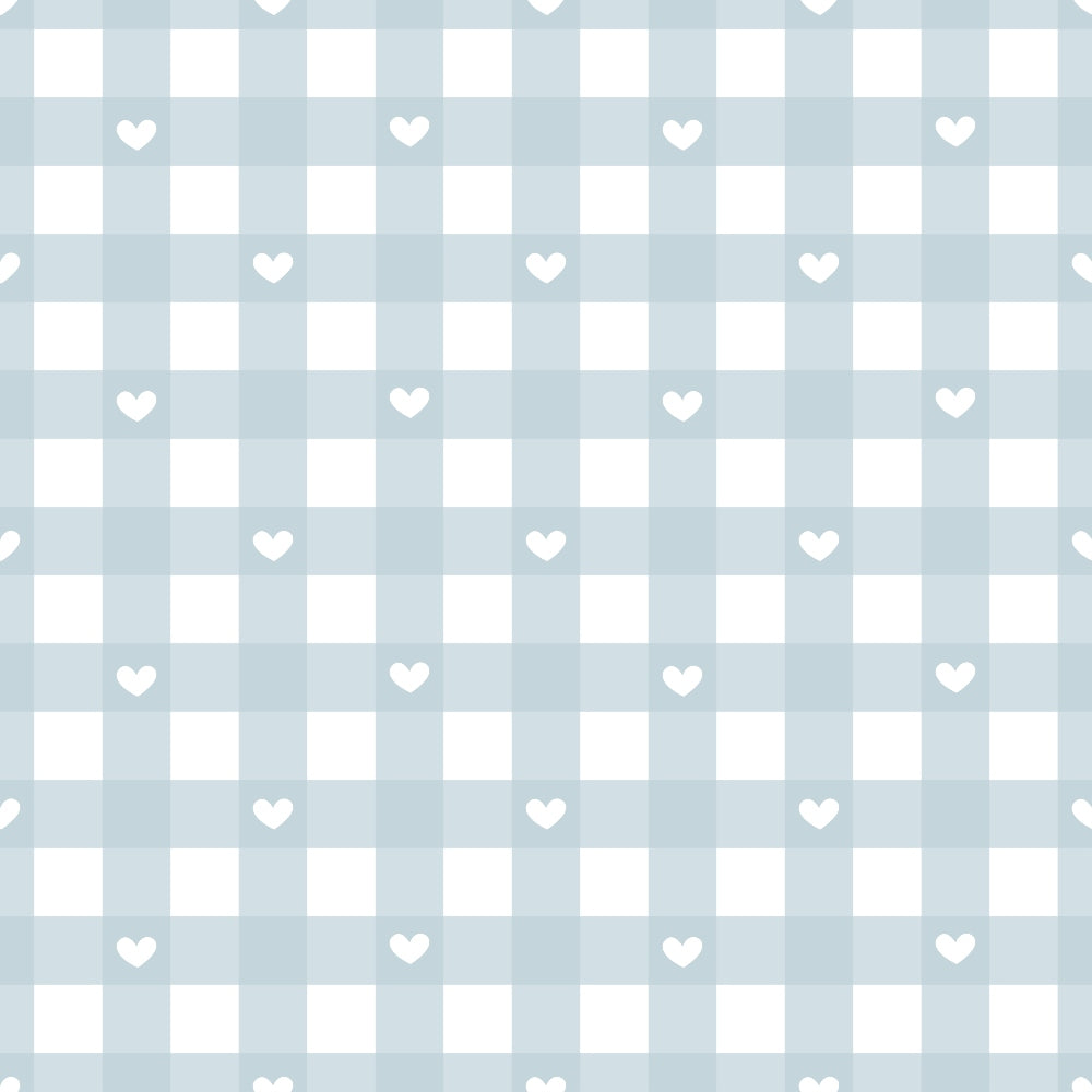 pastel blue, soft gray, white hearts, gingham check, checkerboard pattern, romantic motifs, sweet design,, fabric panel, nursery theme, baby decor, shabby chic, cottage style, gentle pattern, repeating hearts, grid layout, soft pastels, craft fabric, sewing material, delicate hearts