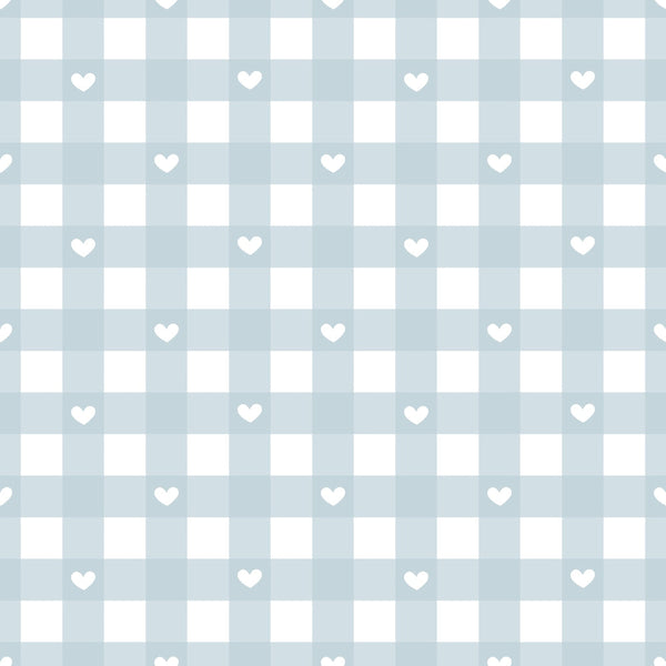 pastel blue, soft gray, white hearts, gingham check, checkerboard pattern, romantic motifs, sweet design,, fabric panel, nursery theme, baby decor, shabby chic, cottage style, gentle pattern, repeating hearts, grid layout, soft pastels, craft fabric, sewing material, delicate hearts