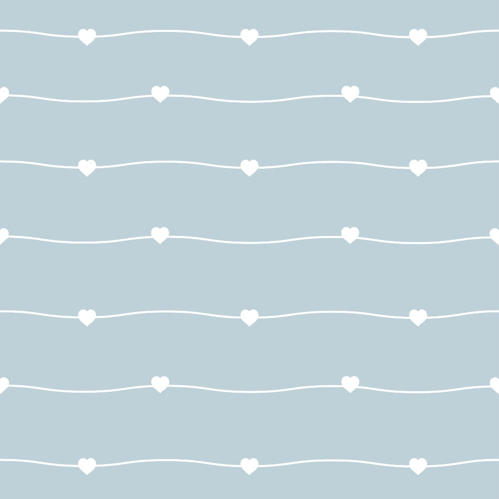 pastel blue, sage green, white hearts, wavy lines, geometric pattern, minimalist design, soft colors,, fabric panel, romantic motif, nursery fabric, baby quilt, delicate pattern, seamless design, love theme, gentle curves, sweet design, craft fabric, sewing material