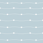 pastel blue, sage green, white hearts, wavy lines, geometric pattern, minimalist design, soft colors,, fabric panel, romantic motif, nursery fabric, baby quilt, delicate pattern, seamless design, love theme, gentle curves, sweet design, craft fabric, sewing material