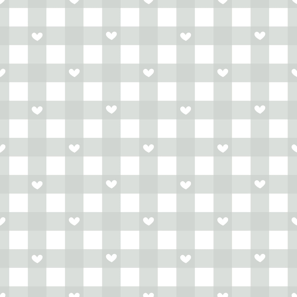 light gray, soft gray, white hearts, heart pattern, checkered design, gingham style, pastel colors, romantic motifs, love symbols, sweet pattern,, fabric panel, cute design, nursery fabric, baby fabric, geometric hearts, repeating pattern, crafting material, sewing fabric, soft aesthetic