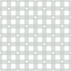 light gray, soft gray, white hearts, heart pattern, checkered design, gingham style, pastel colors, romantic motifs, love symbols, sweet pattern,, fabric panel, cute design, nursery fabric, baby fabric, geometric hearts, repeating pattern, crafting material, sewing fabric, soft aesthetic