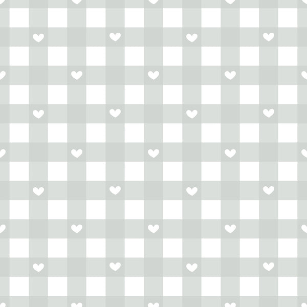 light gray, soft gray, white hearts, heart pattern, checkered design, gingham style, pastel colors, romantic motifs, love symbols, sweet pattern,, fabric panel, cute design, nursery fabric, baby fabric, geometric hearts, repeating pattern, crafting material, sewing fabric, soft aesthetic