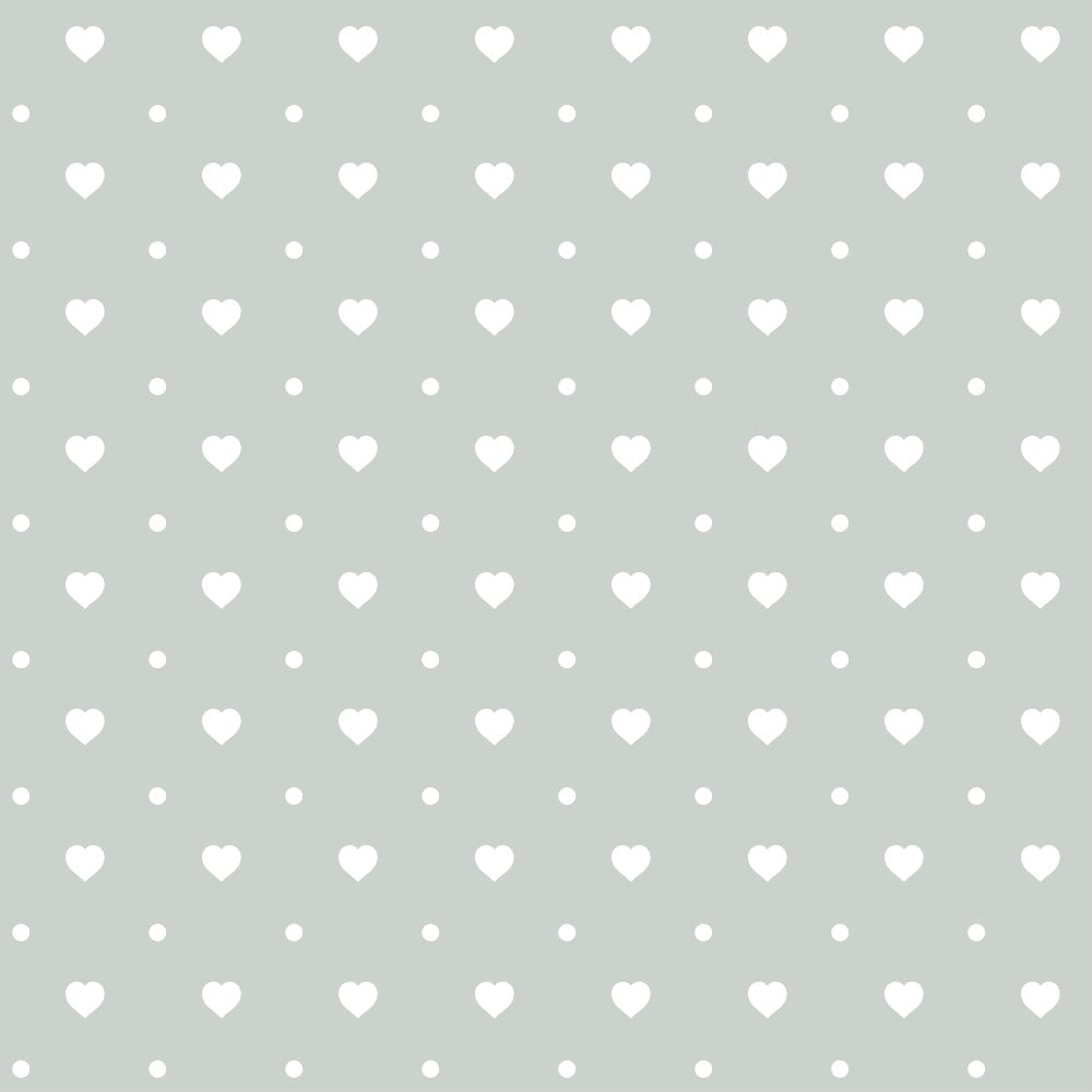 sage green, mint green, white hearts, small dots, geometric pattern, repeating motif, polka dots, heart shapes, soft pastel,, fabric panel, romantic design, nursery fabric, baby quilt, crafting material, sewing fabric, delicate pattern, minimalist design, sweet motifs