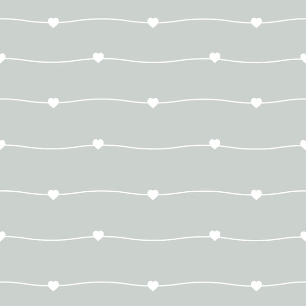 sage green, mint green, pastel colors, white hearts, wavy lines, geometric pattern, repeating design, soft colors, minimalist style,, fabric panel, romantic motifs, delicate pattern, love theme, gentle curves, nursery decor, crafting material, sweet design, subtle texture, modern aesthetic