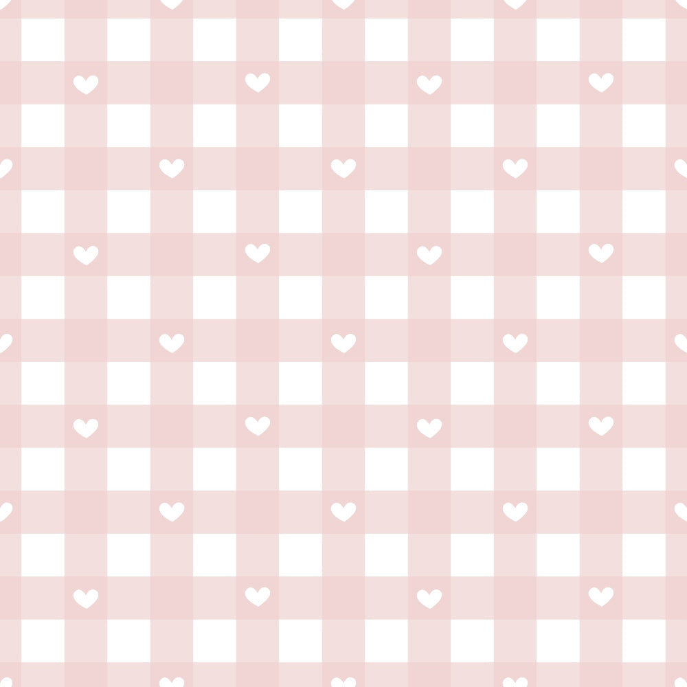 pastel pink, white squares, heart motifs, checkered pattern, gingham style,, fabric panel, geometric design, romantic pattern, soft colors, repeating hearts, grid layout, baby pink, feminine design, nursery fabric, sweet pattern, delicate hearts, craft fabric, sewing material, gentle aesthetic