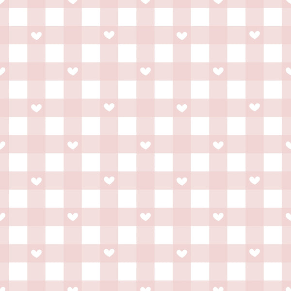 pastel pink, white squares, heart motifs, checkered pattern, gingham style,, fabric panel, geometric design, romantic pattern, soft colors, repeating hearts, grid layout, baby pink, feminine design, nursery fabric, sweet pattern, delicate hearts, craft fabric, sewing material, gentle aesthetic