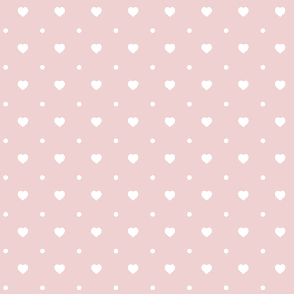 pastel pink, white hearts, small dots, polka dots, repeating pattern, romantic design, sweet motif,, fabric panel, geometric hearts, minimalist pattern, soft pink background, valentine theme, love symbols, nursery fabric, delicate design, feminine style, craft fabric, sewing material