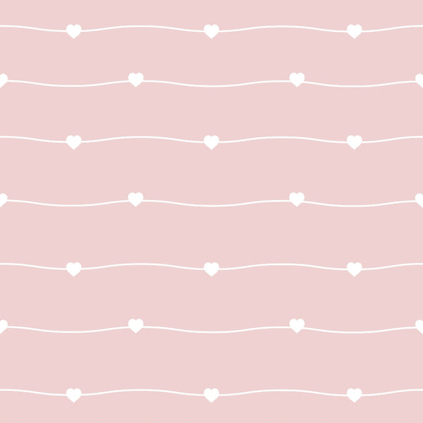 pastel pink, soft pink, blush pink, white hearts, wavy lines, heart pattern, romantic design, gentle curves, minimalist style, sweet aesthetic,, fabric panel, dreamy mood, delicate pattern, nursery theme, feminine design, subtle texture, repeating motif, craft fabric