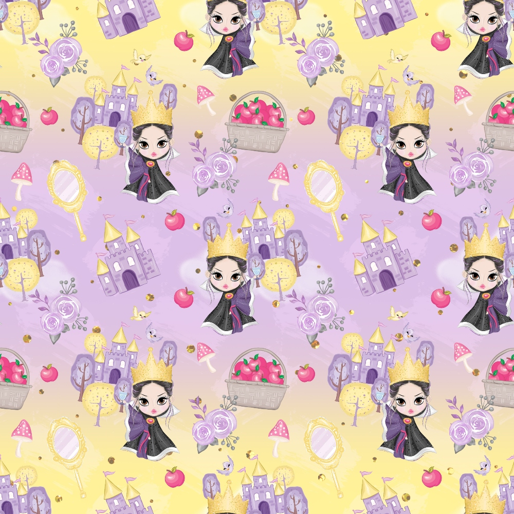 fairy tale, snow white, purple gradient, yellow background, princess character, castle, crown, apple, mirror, mushroom, roses, floral elements, basket of apples, trees, cute cartoon style,, repeating pattern, whimsical design, children's fabric, pastel colors