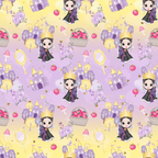 fairy tale, snow white, purple gradient, yellow background, princess character, castle, crown, apple, mirror, mushroom, roses, floral elements, basket of apples, trees, cute cartoon style,, repeating pattern, whimsical design, children's fabric, pastel colors