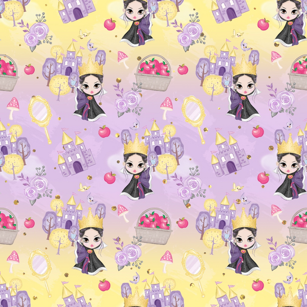 fairy tale, snow white, purple gradient, yellow background, princess character, castle, crown, apple, mirror, mushroom, roses, floral elements, basket of apples, trees, cute cartoon style,, repeating pattern, whimsical design, children's fabric, pastel colors