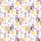 snow white, fairy tale, princess, seven dwarfs, white deer, cottage house, mushrooms, red apples, purple, yellow, pink, white, kawaii style, cute characters,, fabric panel, whimsical, children's fabric, disney inspired, fantasy theme