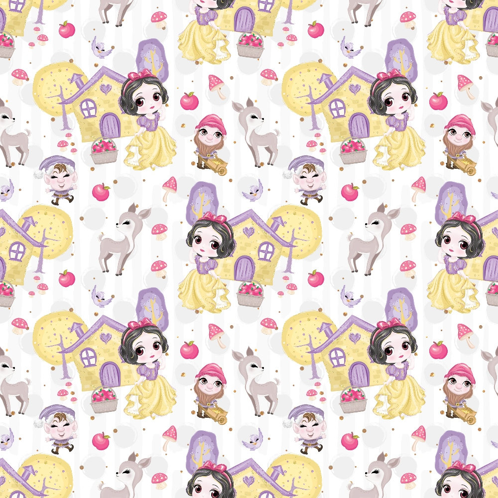 snow white, fairy tale, princess, seven dwarfs, white deer, cottage house, mushrooms, red apples, purple, yellow, pink, white, kawaii style, cute characters,, fabric panel, whimsical, children's fabric, disney inspired, fantasy theme