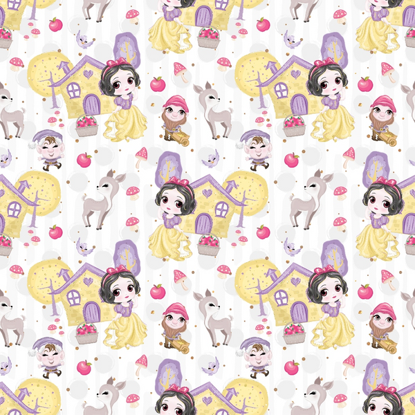 snow white, fairy tale, princess, seven dwarfs, white deer, cottage house, mushrooms, red apples, purple, yellow, pink, white, kawaii style, cute characters,, fabric panel, whimsical, children's fabric, disney inspired, fantasy theme