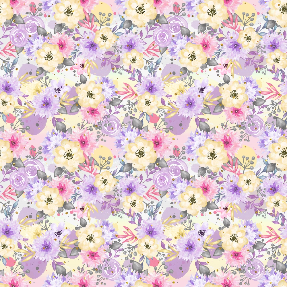 watercolor floral, purple flowers, lavender blooms, cream roses, pink blossoms, gray leaves, botanical pattern, seamless repeat, soft pastels, whimsical design,, fabric panel, spring garden, delicate florals, romantic style, cottage core, handpainted look, repeating motif