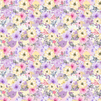 watercolor floral, purple flowers, lavender blooms, cream roses, pink blossoms, gray leaves, botanical pattern, seamless repeat, soft pastels, whimsical design,, fabric panel, spring garden, delicate florals, romantic style, cottage core, handpainted look, repeating motif