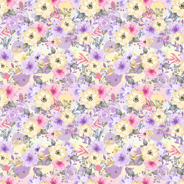 watercolor floral, purple flowers, lavender blooms, cream roses, pink blossoms, gray leaves, botanical pattern, seamless repeat, soft pastels, whimsical design,, fabric panel, spring garden, delicate florals, romantic style, cottage core, handpainted look, repeating motif