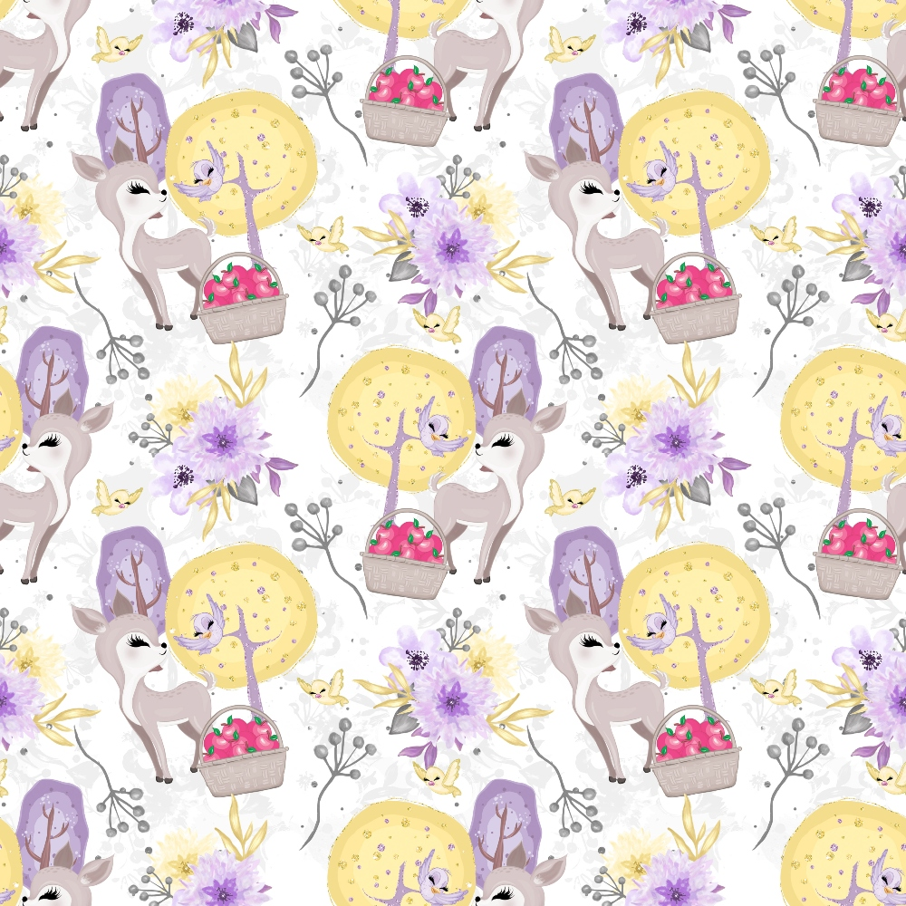 lavender, yellow, pink, beige, deer, woodland animals, floral motifs, berry baskets, trees, whimsical, fairy tale, repeating pattern,, fabric panel, cute characters, nature elements, soft pastels, children's design, nursery theme, seamless repeat
