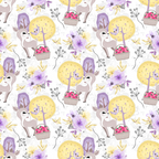 lavender, yellow, pink, beige, deer, woodland animals, floral motifs, berry baskets, trees, whimsical, fairy tale, repeating pattern,, fabric panel, cute characters, nature elements, soft pastels, children's design, nursery theme, seamless repeat