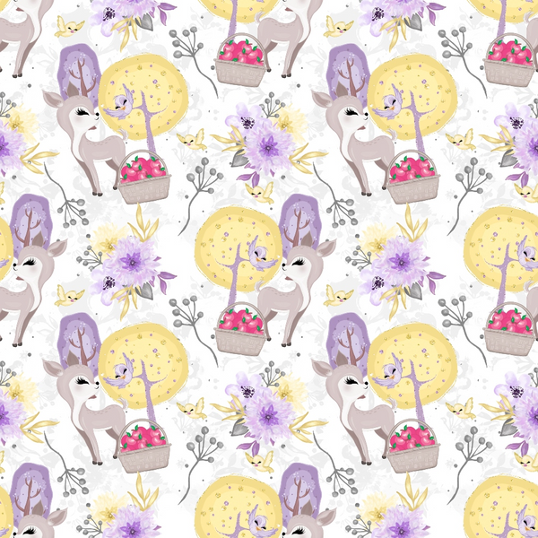 lavender, yellow, pink, beige, deer, woodland animals, floral motifs, berry baskets, trees, whimsical, fairy tale, repeating pattern,, fabric panel, cute characters, nature elements, soft pastels, children's design, nursery theme, seamless repeat