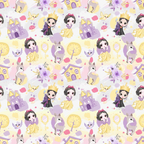 snow white, fairy tale, princess, purple castle, yellow dress, crown, unicorn, deer, woodland animals, cottage houses, purple, yellow, pink, pastel colors, whimsical, cute cartoon style, repeating pattern,, fabric panel, children's fabric, fantasy theme, storybook characters
