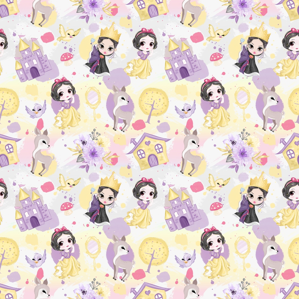 snow white, fairy tale, princess, purple castle, yellow dress, crown, unicorn, deer, woodland animals, cottage houses, purple, yellow, pink, pastel colors, whimsical, cute cartoon style, repeating pattern,, fabric panel, children's fabric, fantasy theme, storybook characters