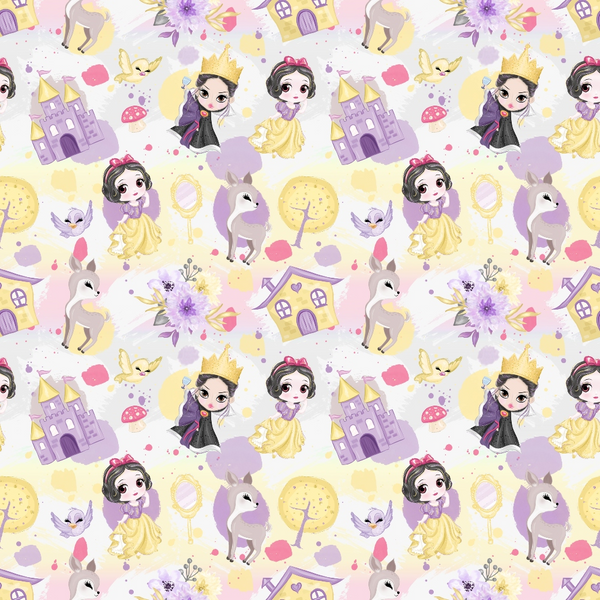 snow white, fairy tale, princess, purple castle, yellow dress, crown, unicorn, deer, woodland animals, cottage houses, purple, yellow, pink, pastel colors, whimsical, cute cartoon style, repeating pattern,, fabric panel, children's fabric, fantasy theme, storybook characters