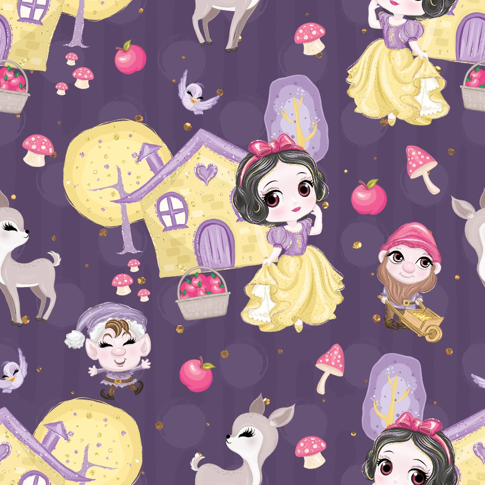 purple background, snow white, fairy tale, cute characters, yellow dress, seven dwarfs, woodland animals, deer, birds, mushrooms, apples, cottage house, whimsical style,, fabric panel, children's pattern, storybook theme, kawaii style, repeating pattern, fantasy elements