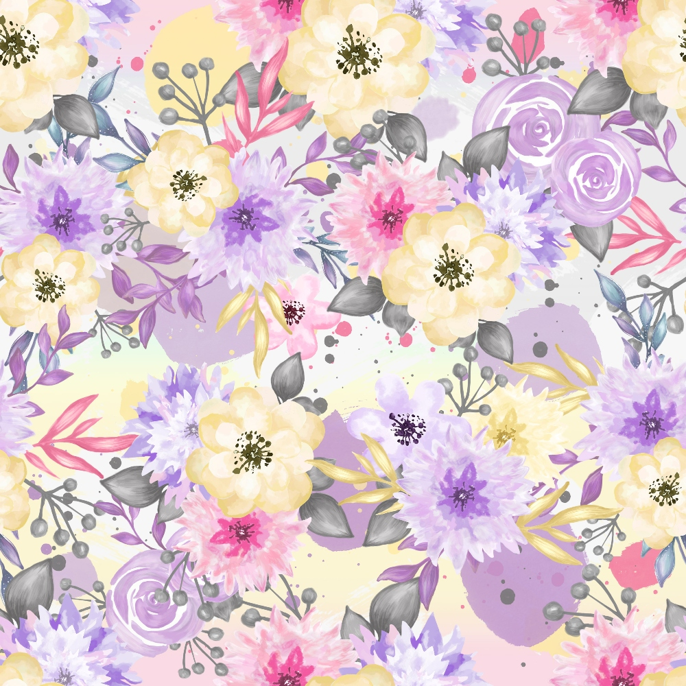 watercolor floral, purple flowers, yellow blooms, pink roses, lavender petals, gray leaves, pastel colors, botanical pattern, whimsical florals, soft watercolors,, fabric panel, dreamy aesthetic, delicate flowers, romantic florals, spring blooms, feminine design, crafting fabric, seamless repeat, cottage core