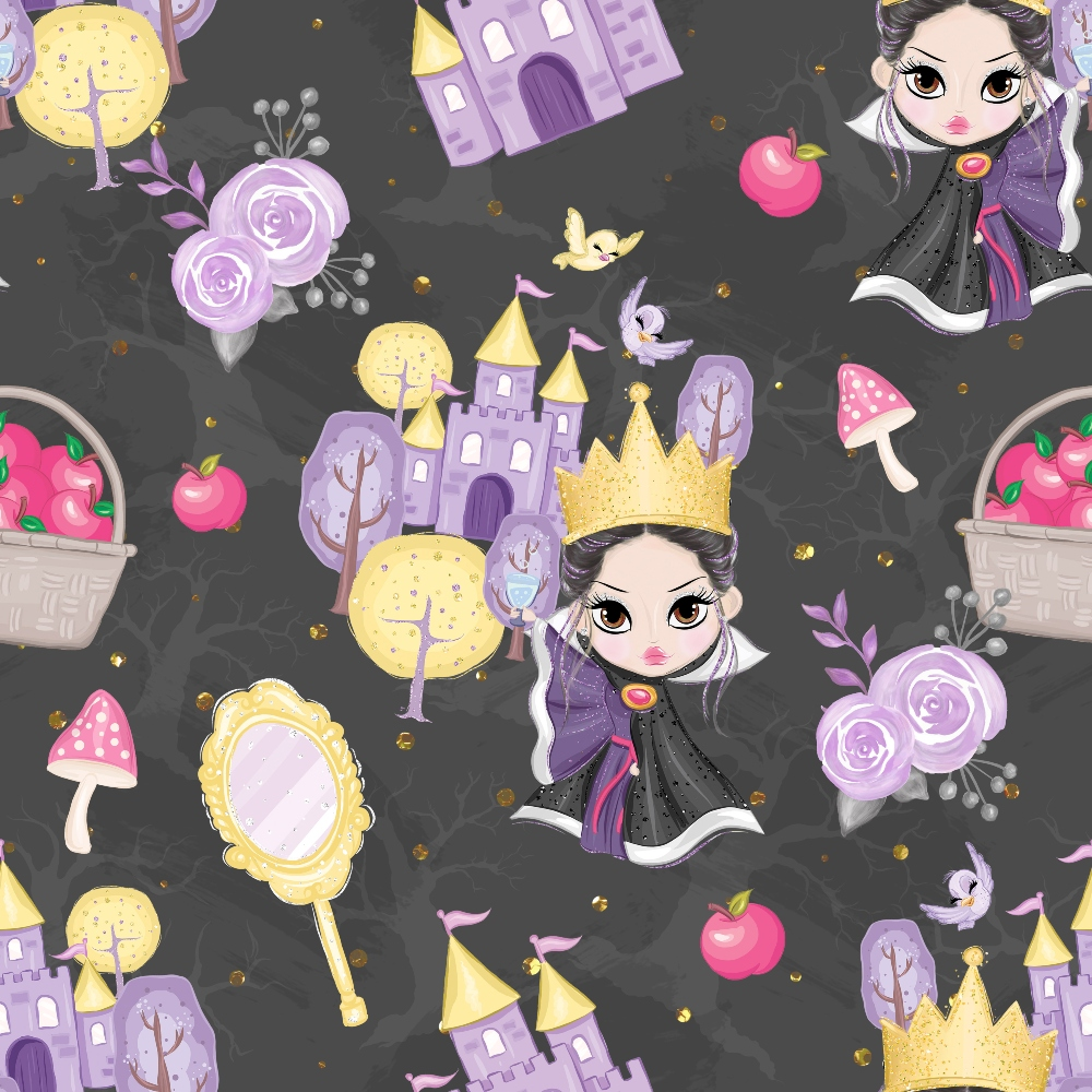 cute princess, snow white, fairy tale, dark purple, lavender, golden yellow, pink apples, purple castle, golden crown, magic mirror, red mushroom, purple roses,, fabric panel, whimsical pattern, storybook characters, fantasy elements, children's fabric, cartoon style, enchanted forest