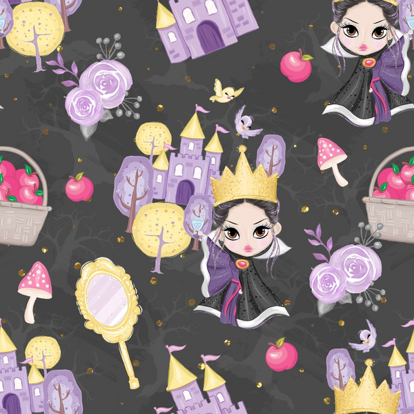 cute princess, snow white, fairy tale, dark purple, lavender, golden yellow, pink apples, purple castle, golden crown, magic mirror, red mushroom, purple roses,, fabric panel, whimsical pattern, storybook characters, fantasy elements, children's fabric, cartoon style, enchanted forest