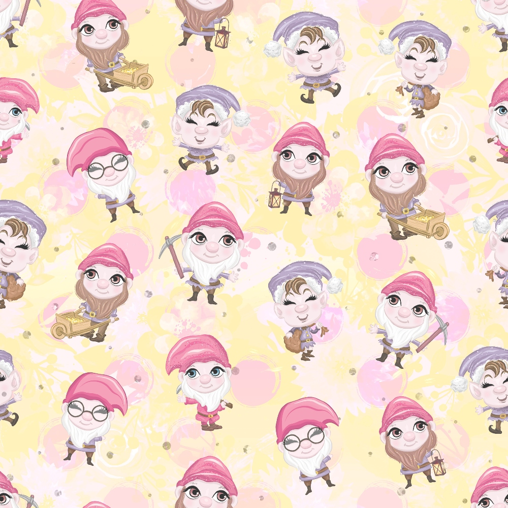 pastel yellow, soft pink, lavender purple, seven dwarfs, fairy tale characters, cartoon style, whimsical pattern,, fabric panel, repeating design, cute illustration, storybook theme, children's fabric, cheerful mood, dwarf miners, fantasy characters, soft pastels, playful design, cotton fabric, nursery fabric