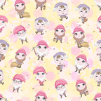 pastel yellow, soft pink, lavender purple, seven dwarfs, fairy tale characters, cartoon style, whimsical pattern,, fabric panel, repeating design, cute illustration, storybook theme, children's fabric, cheerful mood, dwarf miners, fantasy characters, soft pastels, playful design, cotton fabric, nursery fabric
