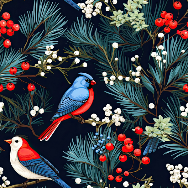 winter birds,, fabric panel, navy blue background, red berries, white berries, evergreen branches, pine needles, blue birds, red breast birds, winter foliage, botanical pattern, festive colors, seasonal design, nature motif, bird illustration, holiday theme, crafting fabric, sewing material, decorative pattern