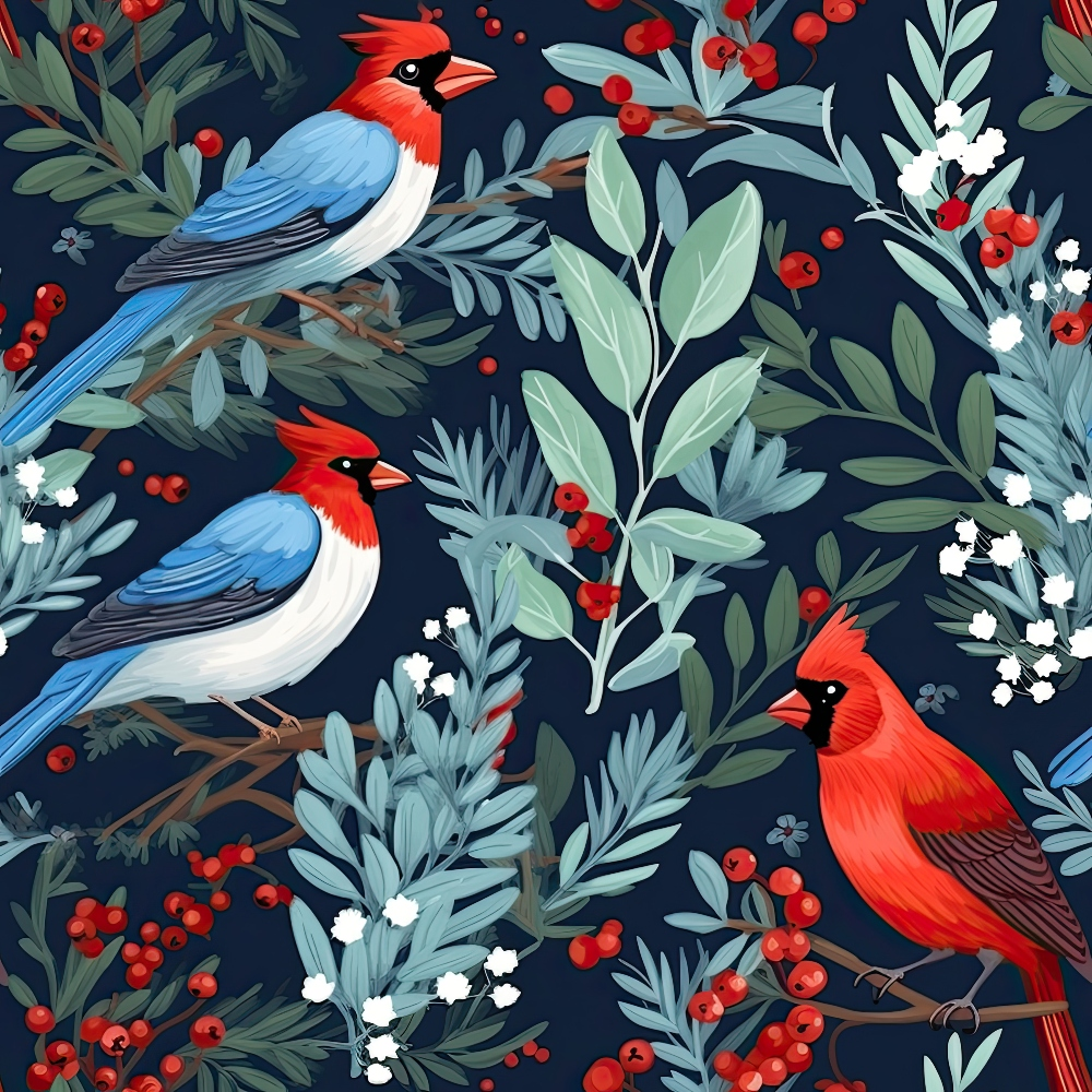 navy blue, cardinal birds, winter birds, red berries, botanical foliage,, fabric panel, floral pattern, white flowers, sage green leaves, winter theme, bird illustration, seamless repeat, crafting fabric, sewing material, nature motif, red cardinal, blue jay, winter foliage, holiday birds