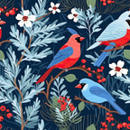 winter birds, cardinals, blue jays, navy background, coral red, powder blue, white flowers, red berries, botanical elements, evergreen branches,, fabric panel, seasonal pattern, nature design, bird illustration, festive colors, winter theme, floral motifs, repeating pattern, craft fabric