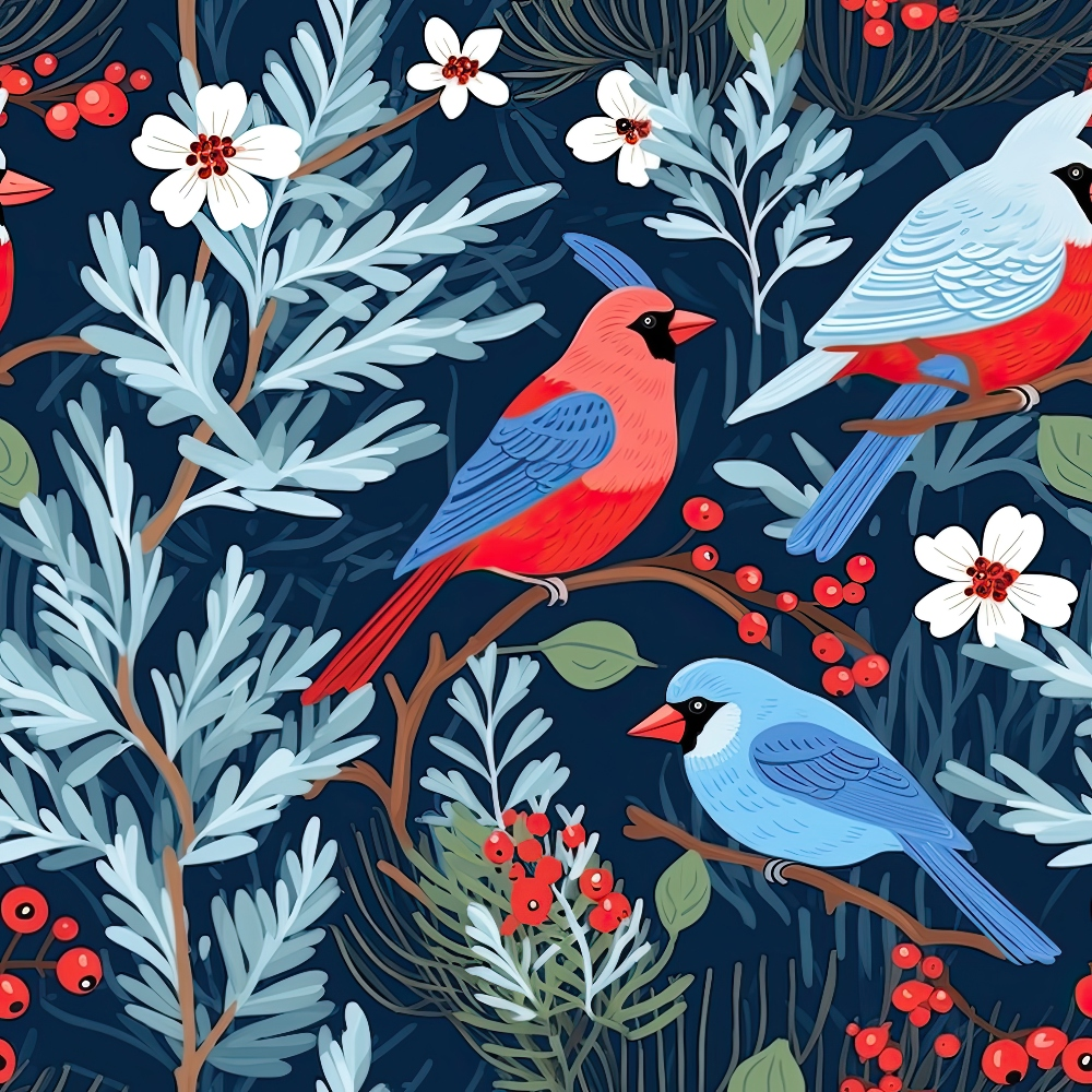winter birds, cardinals, blue jays, navy background, coral red, powder blue, white flowers, red berries, botanical elements, evergreen branches,, fabric panel, seasonal pattern, nature design, bird illustration, festive colors, winter theme, floral motifs, repeating pattern, craft fabric